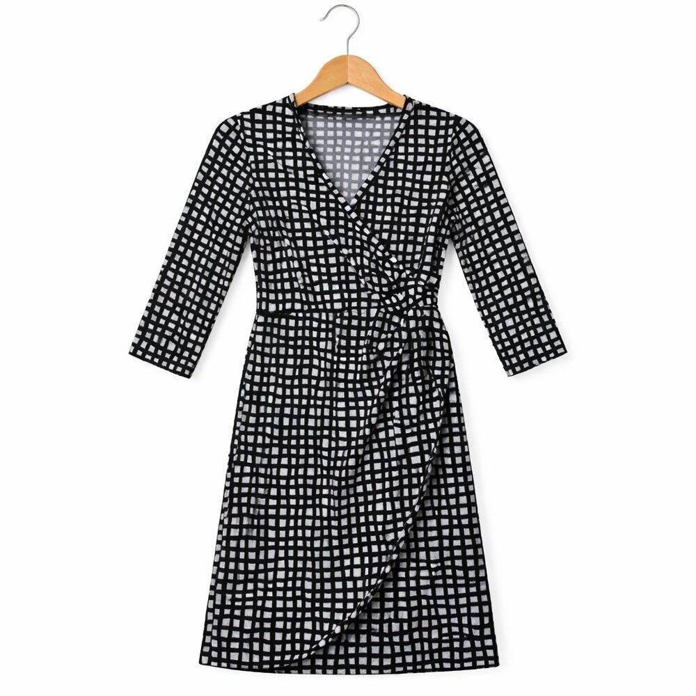 Vintage The Limited Faux Wrap Dress M Black White Geometric Work 3/4 Sleeve
